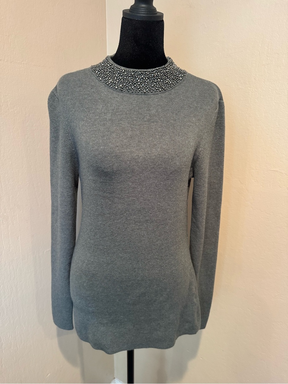 White House Black Market Smoked Gray Jeweled Crewneck Sweater Light Weight